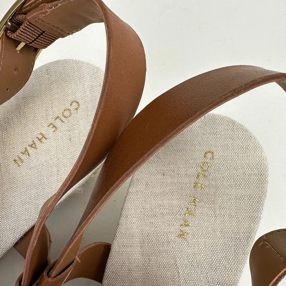 Cole Haan Crystal Wedge Sandal Tan Faux Leather Strappy‎ Espadrille Shoe Size 9B